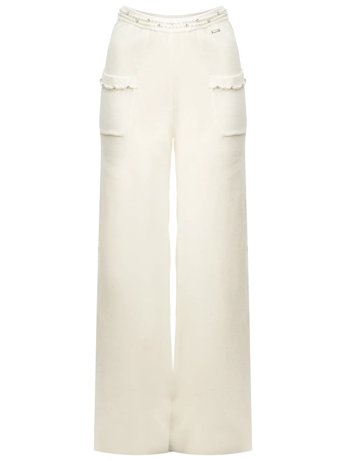Influencer Pantaloni Ivory Dettagli Perlati