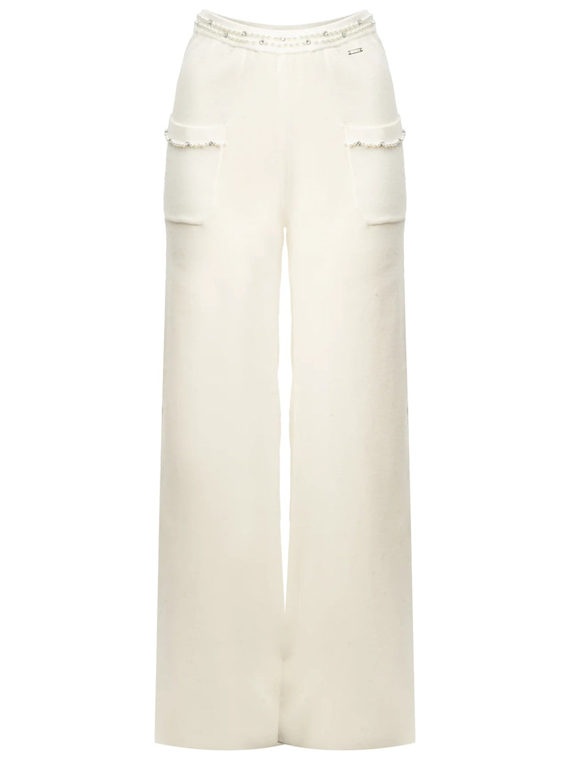 Influencer Pantaloni Ivory Dettagli Perlati