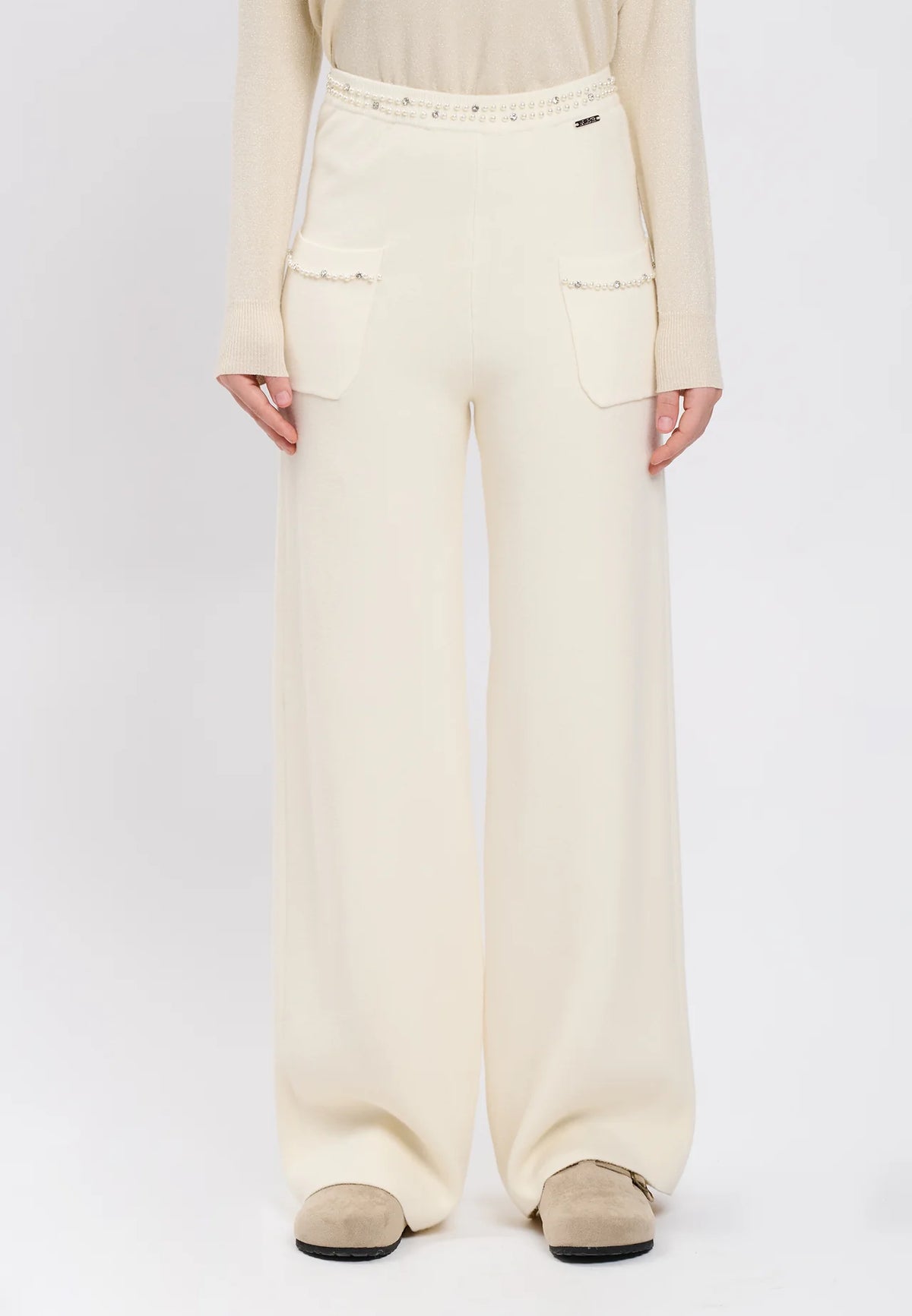 Influencer Pantaloni Ivory Dettagli Perlati