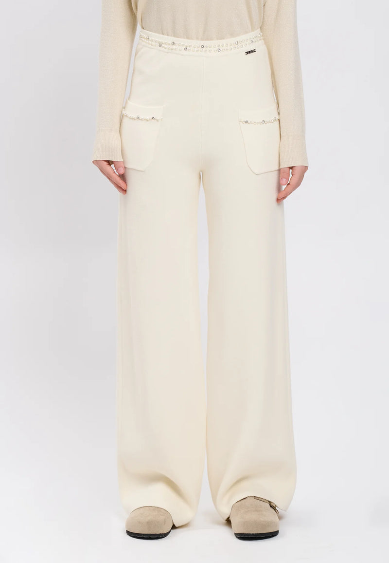 Influencer Pantaloni Ivory Dettagli Perlati