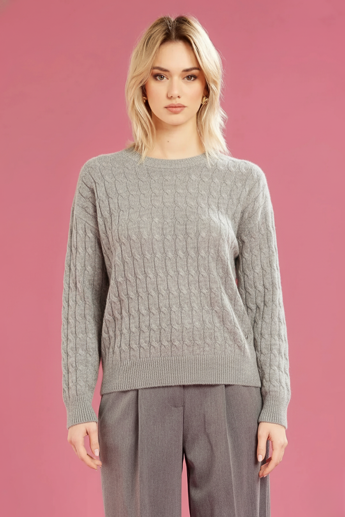 Maglia Girocollo con Lavorazione a Trecce Misto Cashmere Grigio