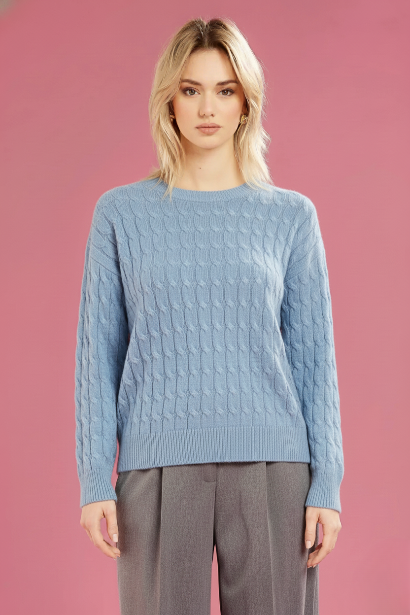 Maglia Girocollo con Lavorazione a Trecce Misto Cashmere Ceruleo