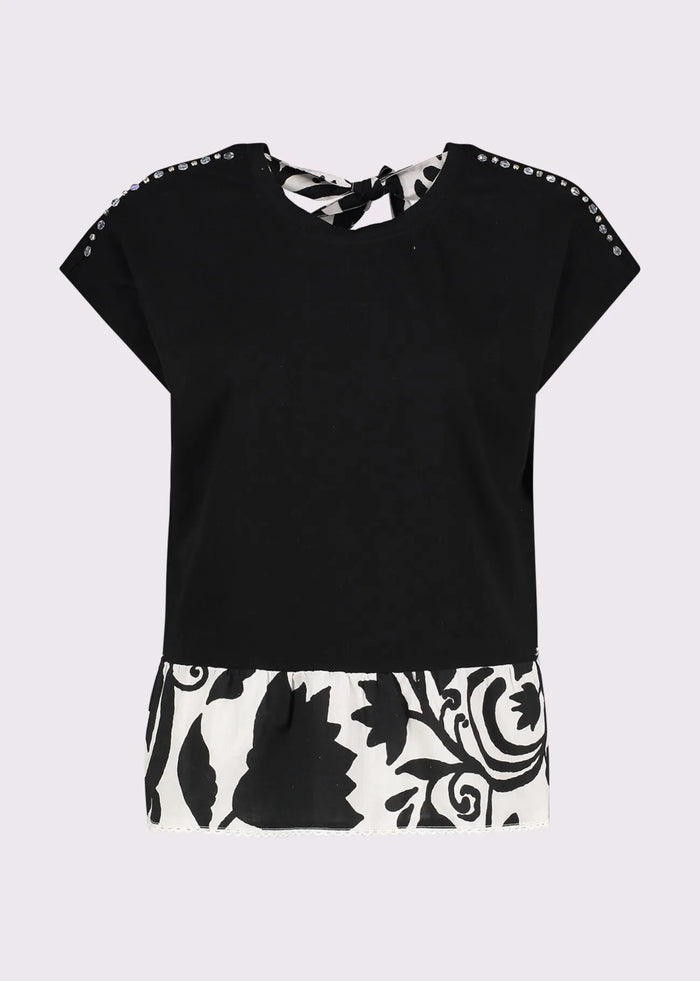 T-Shirt Maniche Corte con Strass in Jersey Nera Donna 511FD64003
