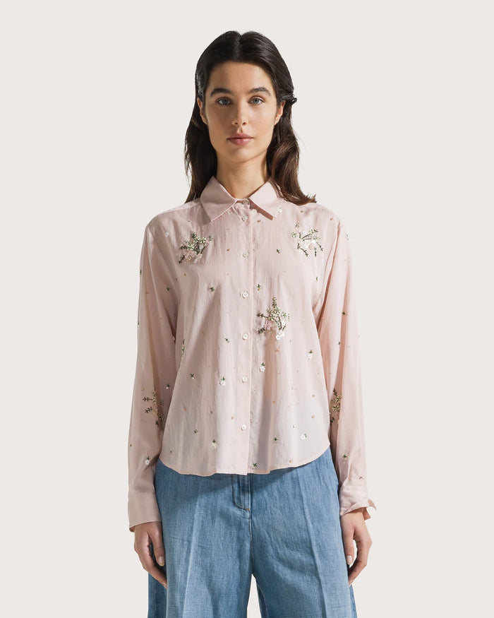 Camicia maniche lunghe in viscosa ricamata cipria