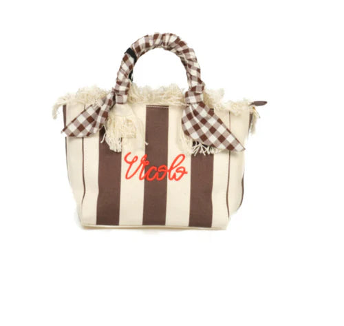 Borsa mini in canvas rigata moro burro