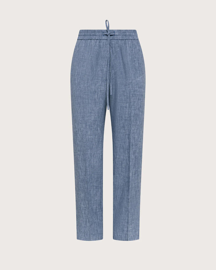 Pantalone elasticato in misto lino viscosa celeste