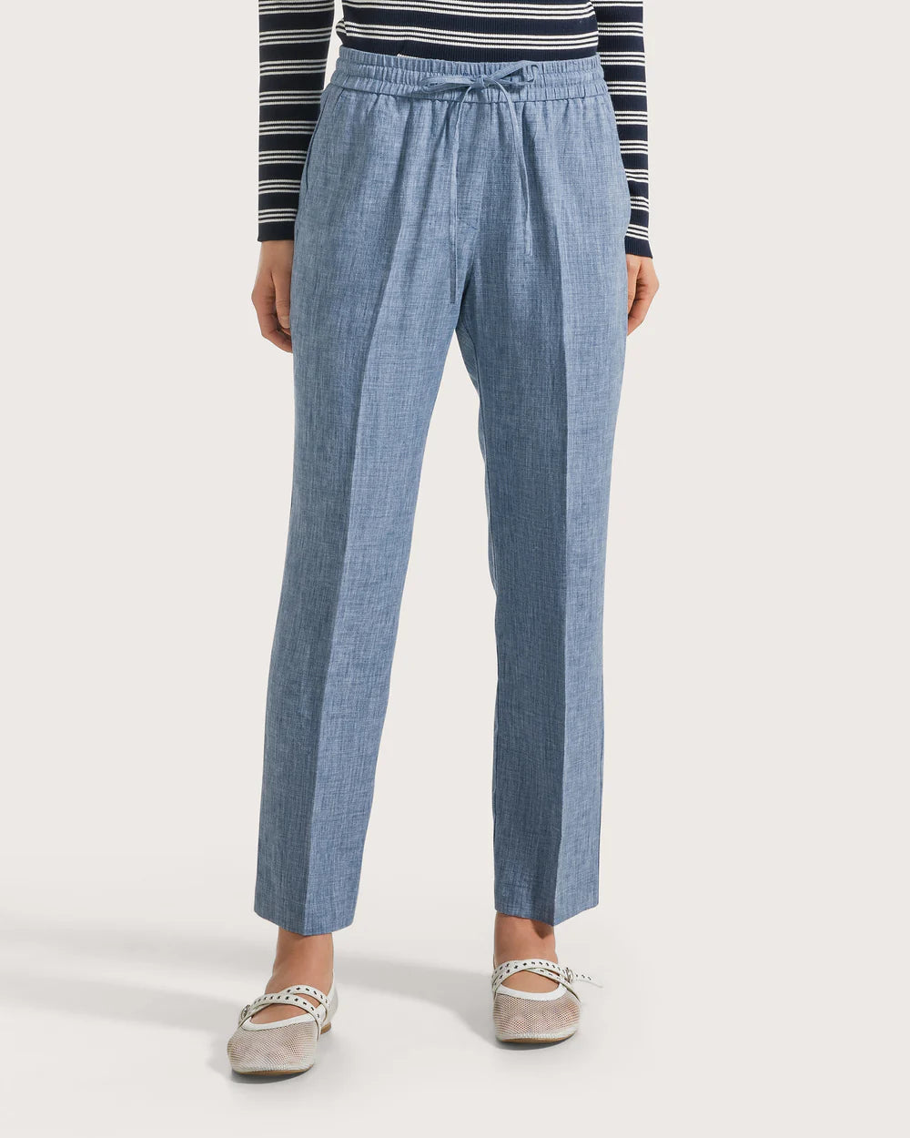 Pantalone elasticato in misto lino viscosa celeste