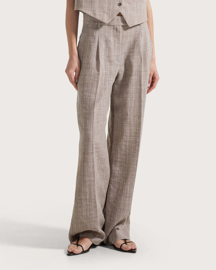 Pantalone lungo in gessato melange tortora
