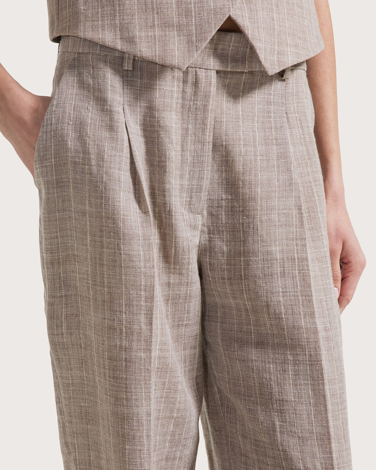 Pantalone lungo in gessato melange tortora