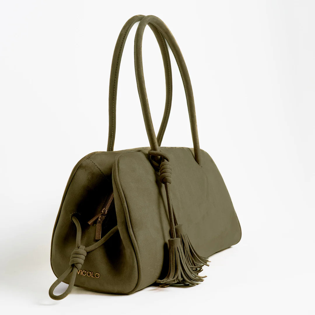 Borsa con manici bauletto scamosciata militare