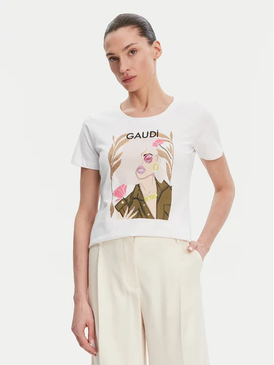 T-Shirt Manica Corta con Stampa Grafica Brillantini Bianco Donna 511BD64035